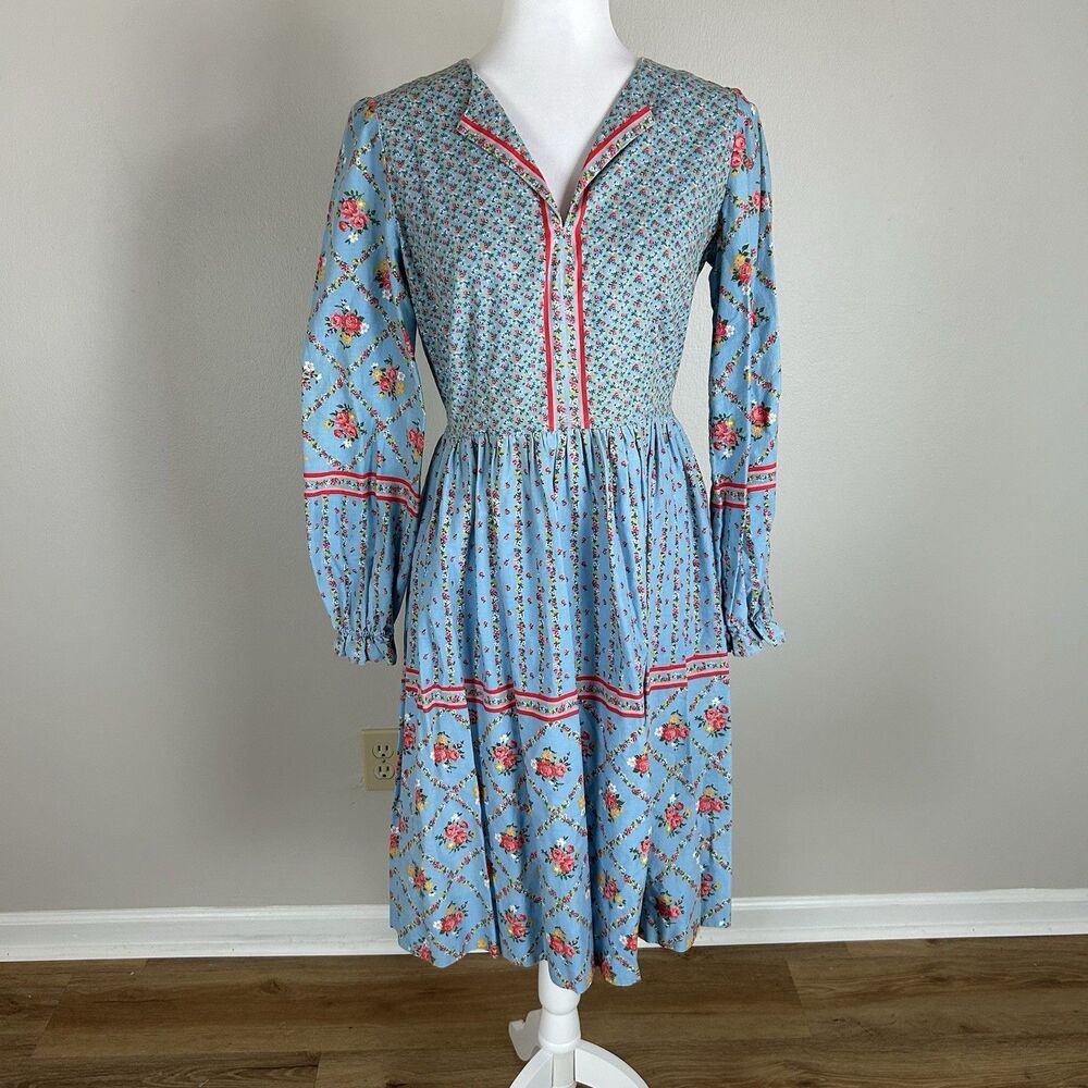 Vintage 70s Handmade Prairie Maxi Dress Sz S Cottage Ren Faire Flare Pleated